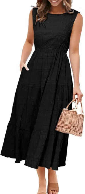 Simplee Women's Summer Casual Sleeveless Crewneck Sundress - A Line Flowy Tiered Midi Dress Long Beach Dresses with Pockets
