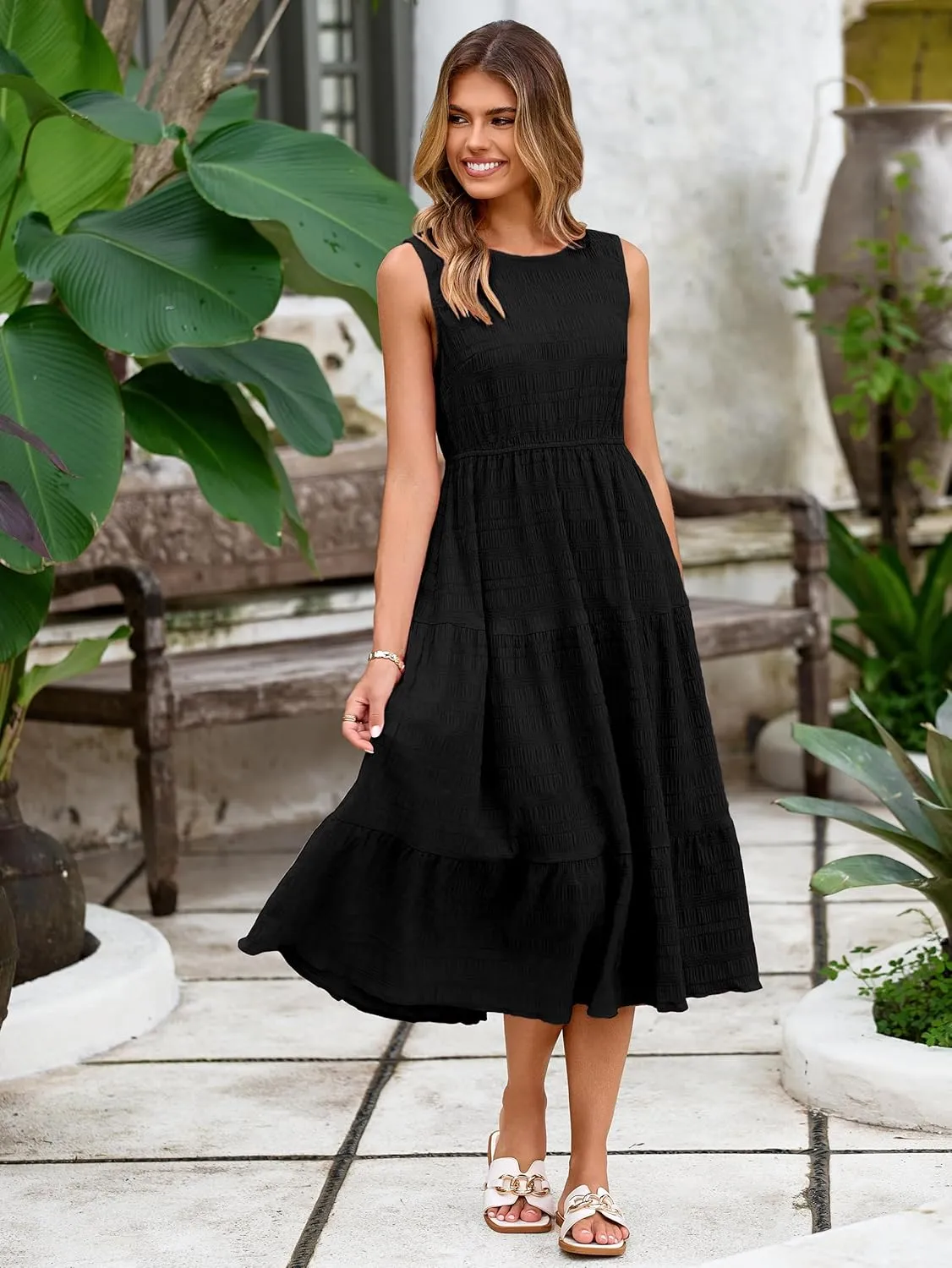 Simplee Women's Summer Casual Sleeveless Crewneck Sundress - A Line Flowy Tiered Midi Dress Long Beach Dresses with Pockets