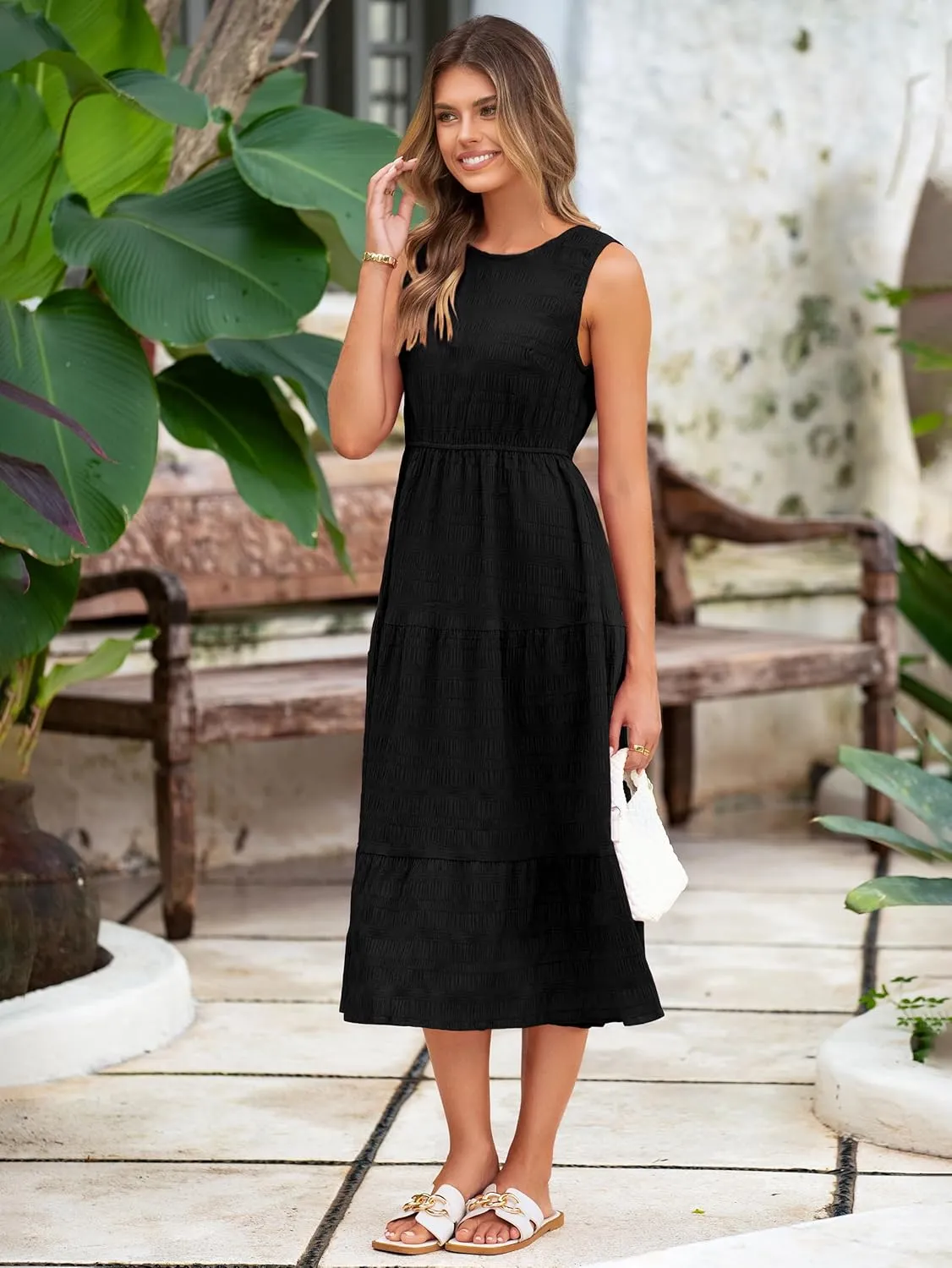 Simplee Women's Summer Casual Sleeveless Crewneck Sundress - A Line Flowy Tiered Midi Dress Long Beach Dresses with Pockets