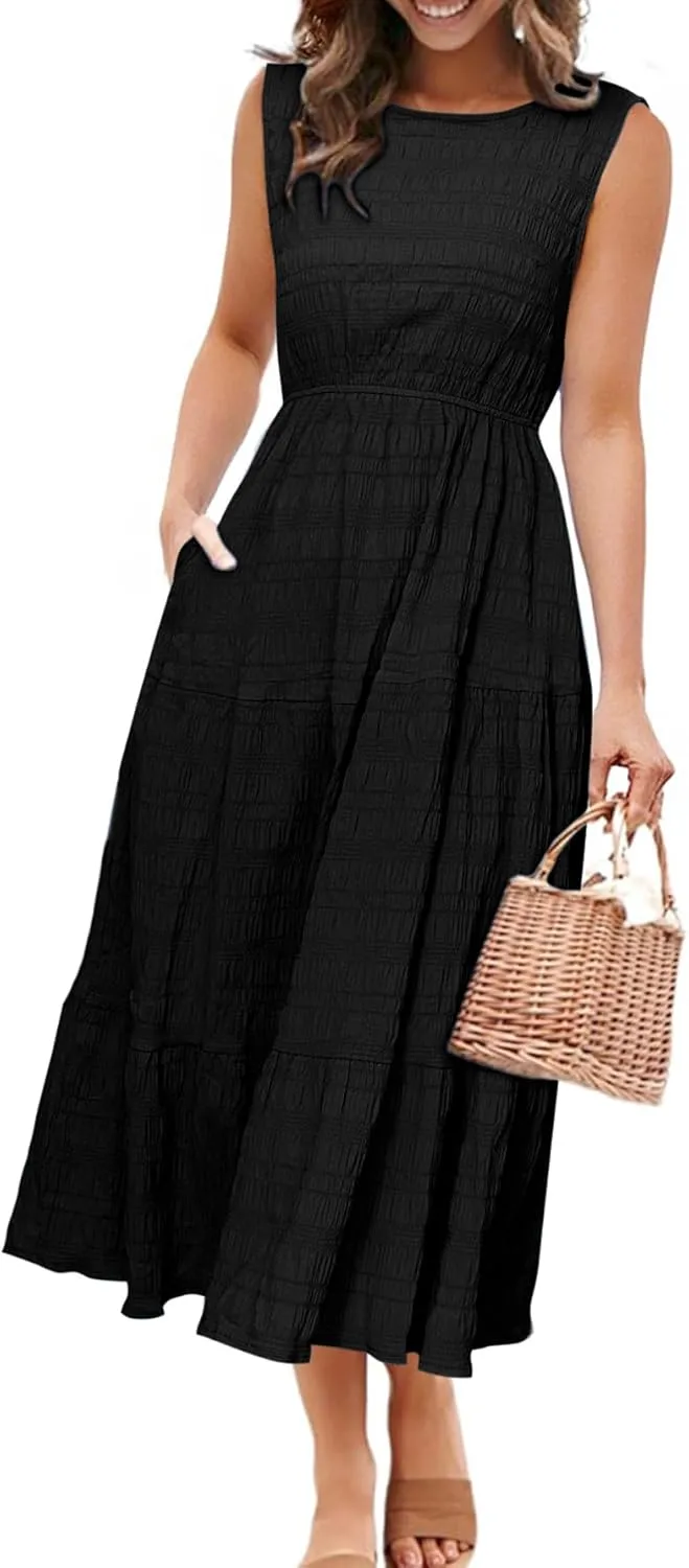 Simplee Women's Summer Casual Sleeveless Crewneck Sundress - A Line Flowy Tiered Midi Dress Long Beach Dresses with Pockets