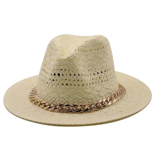 Straw Wide Brim Hat With Chain Band