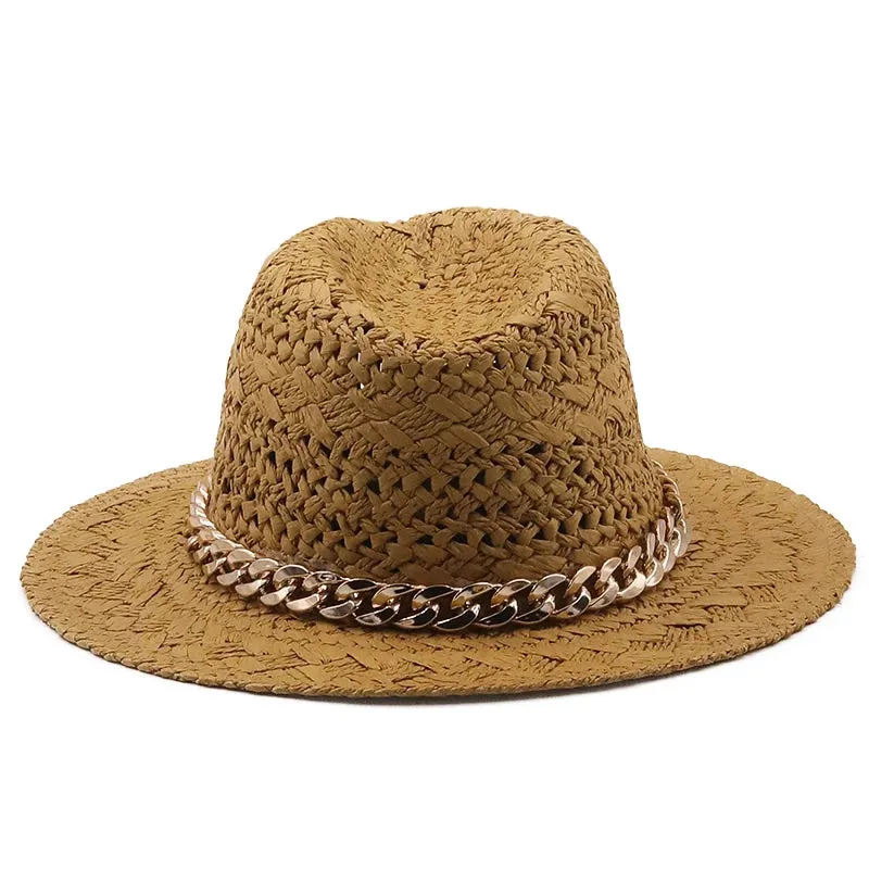 Straw Wide Brim Hat With Chain Band
