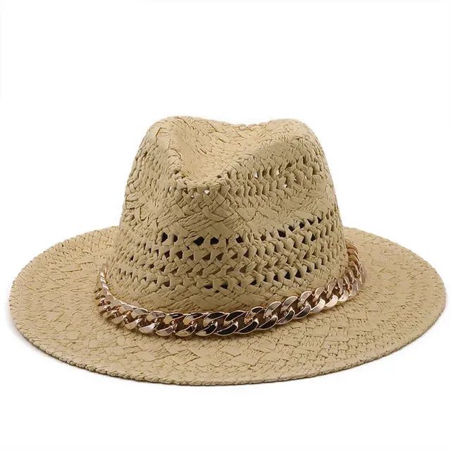Straw Wide Brim Hat With Chain Band