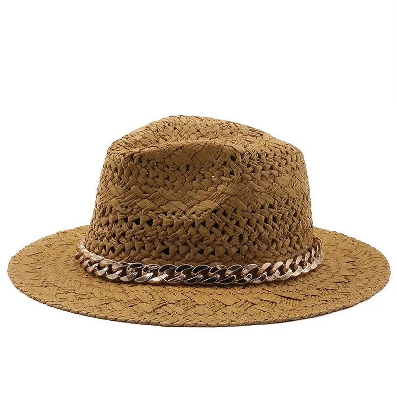 Straw Wide Brim Hat With Chain Band