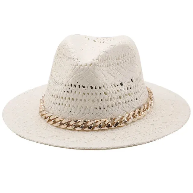 Straw Wide Brim Hat With Chain Band