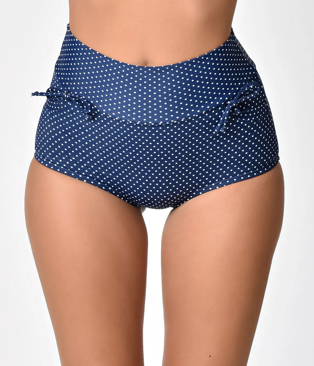 Unique Vintage Navy & Ivory Pin Dot Gilda High Waist Swim Bottoms