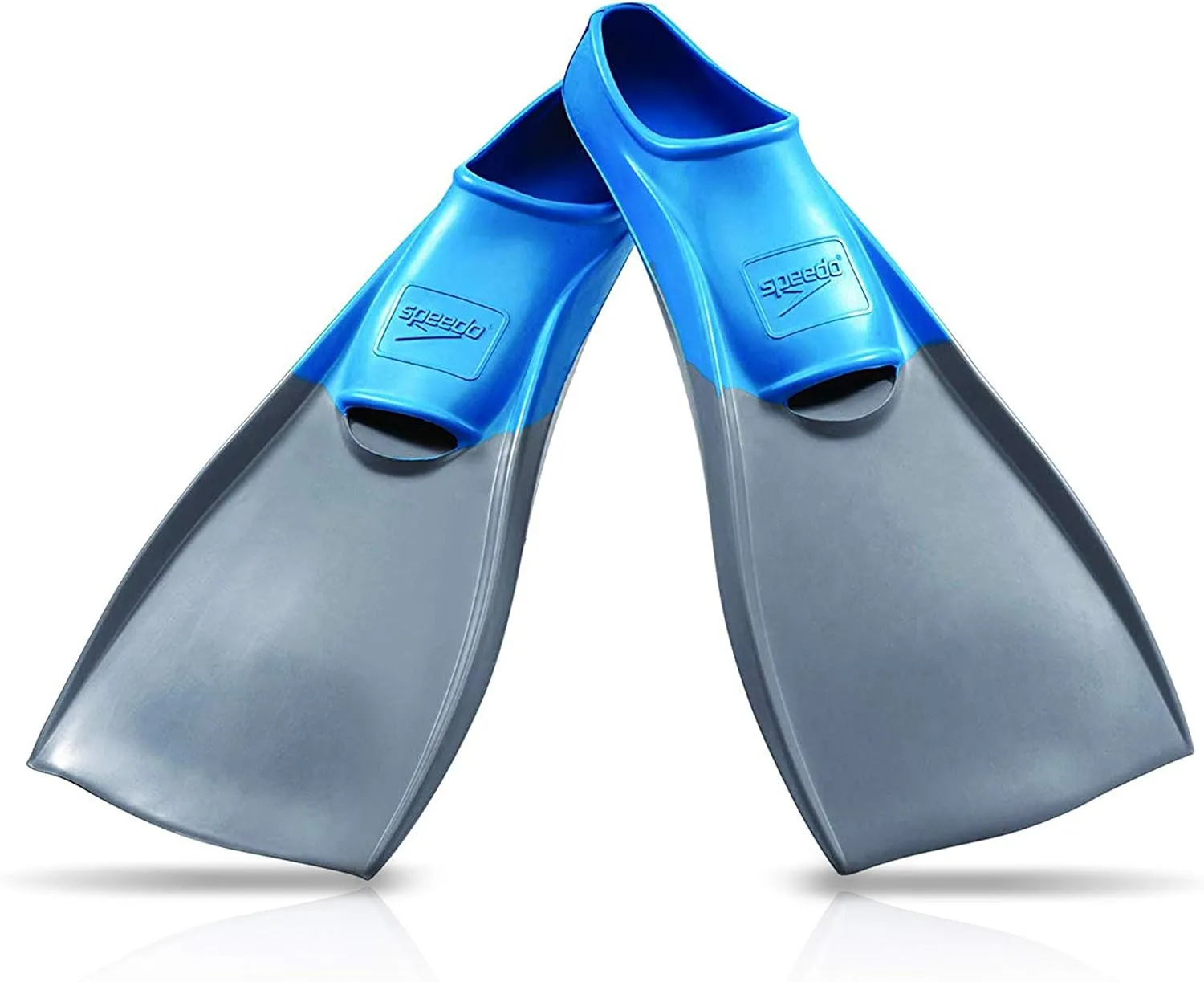 Used ‎Speedo unisex Rubber Long Blade training swim fins, Grey/Blue, M - Men s Shoe size 7-8 Women Shoe 8.5-9.5 US