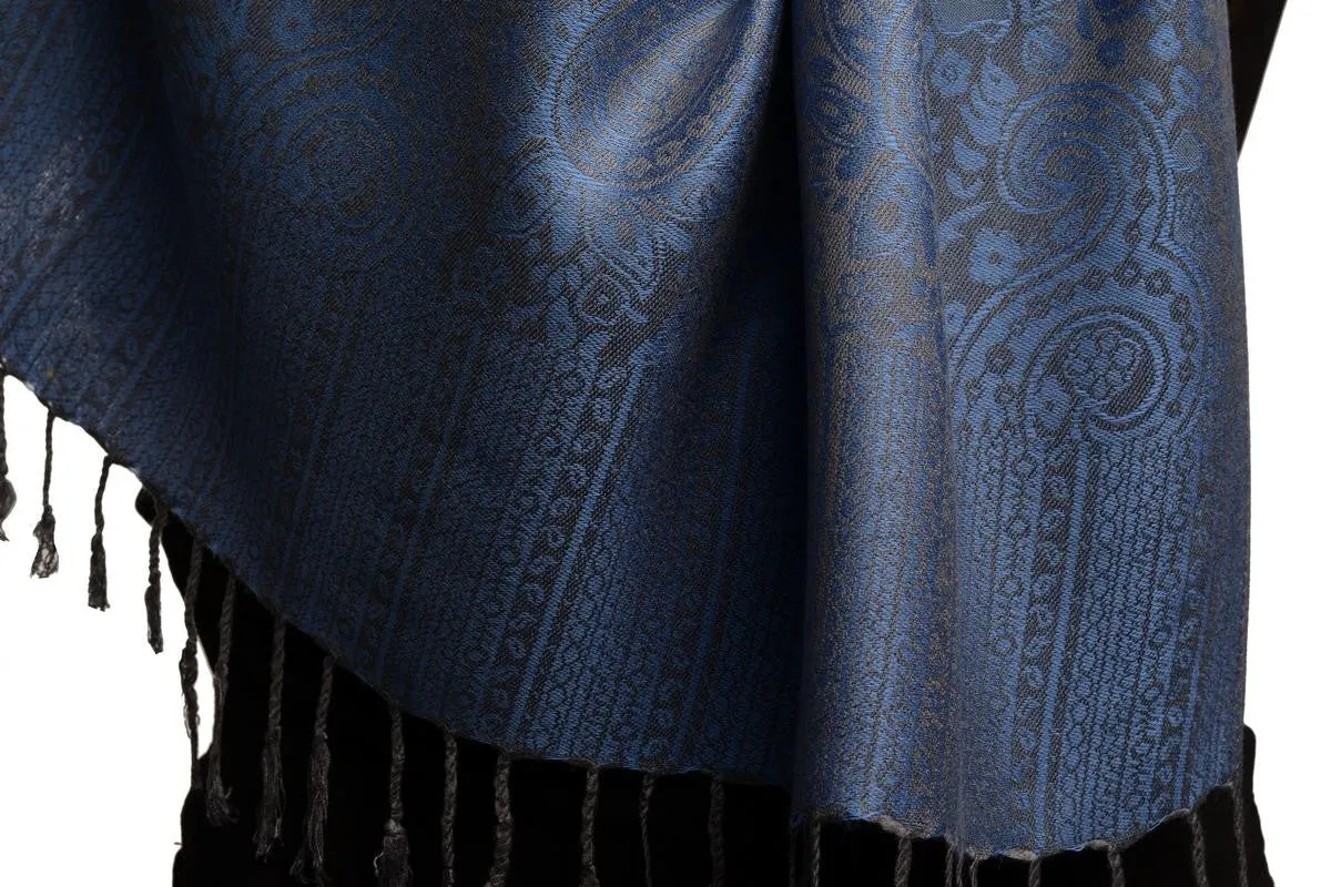 Violet Blue & Grey Paisleys Pashmina Feel With Tassels