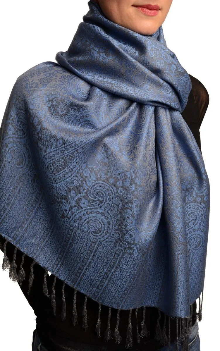 Violet Blue & Grey Paisleys Pashmina Feel With Tassels