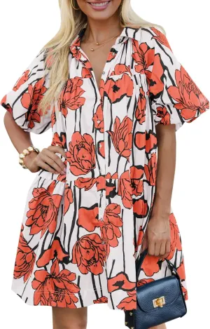 Wenrine Women's Summer Button Down Shirt Dress Floral Puff Short Sleeve Casual Loose Fit Beach Mini Dresses