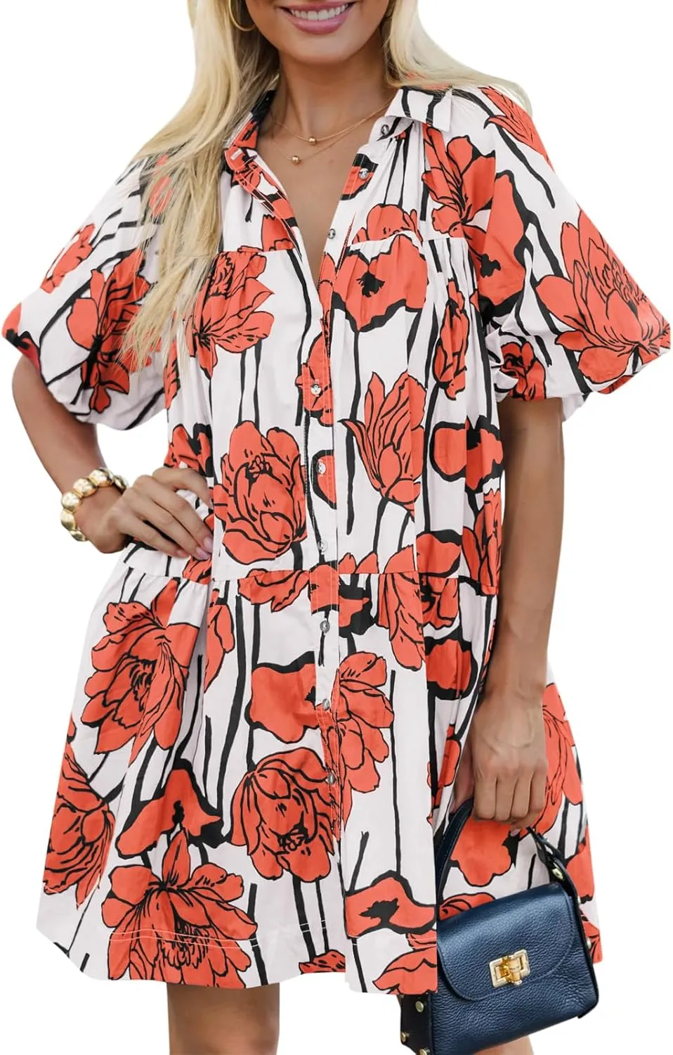 Wenrine Women's Summer Button Down Shirt Dress Floral Puff Short Sleeve Casual Loose Fit Beach Mini Dresses