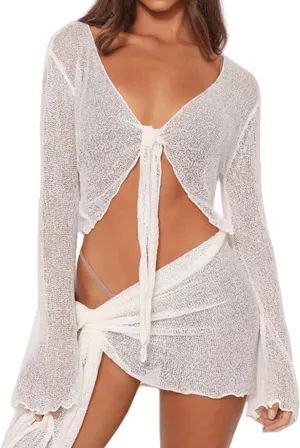Women's 2 Pieces Outfits Mesh Perspective Suit Swimming Beach Long Sleeve Crop Top and Mini Skirt Set