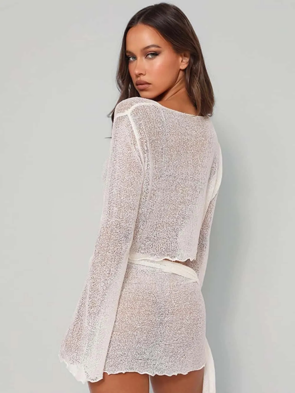 Women's 2 Pieces Outfits Mesh Perspective Suit Swimming Beach Long Sleeve Crop Top and Mini Skirt Set