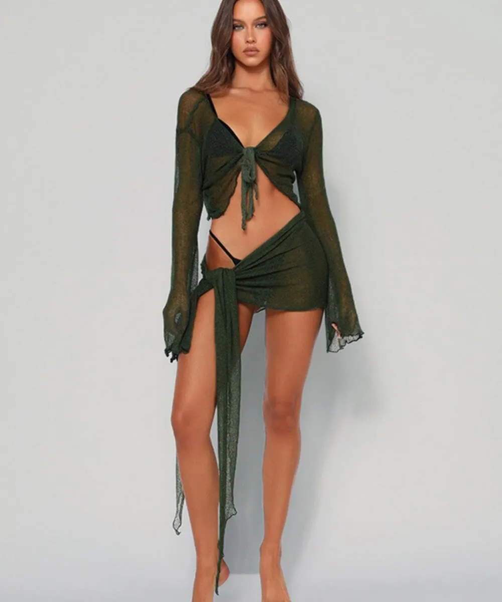 Women's 2 Pieces Outfits Mesh Perspective Suit Swimming Beach Long Sleeve Crop Top and Mini Skirt Set