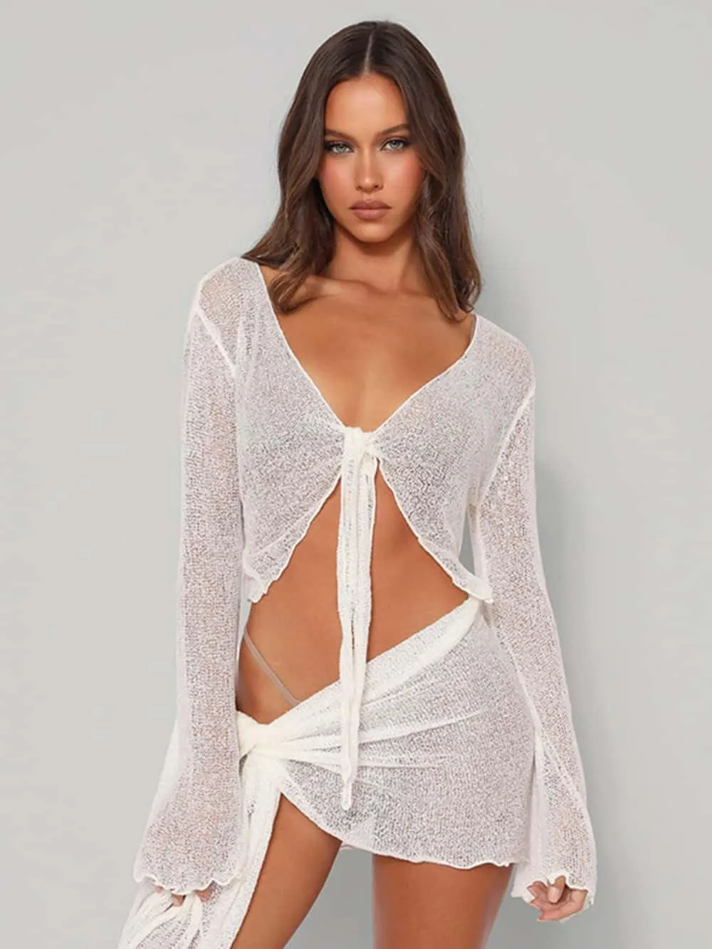 Women's 2 Pieces Outfits Mesh Perspective Suit Swimming Beach Long Sleeve Crop Top and Mini Skirt Set