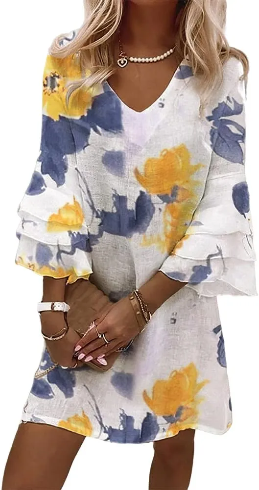 Women's Casual Boho Floral Print Dress Loose V Neck 3/4 Wave Bell Sleeve Flowy Mini Beach Summer Dresses for Women