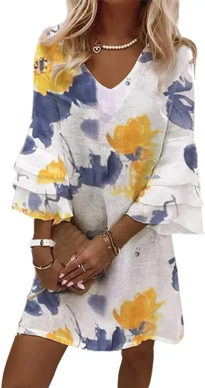 Women's Casual Boho Floral Print Dress Loose V Neck 3/4 Wave Bell Sleeve Flowy Mini Beach Summer Dresses for Women