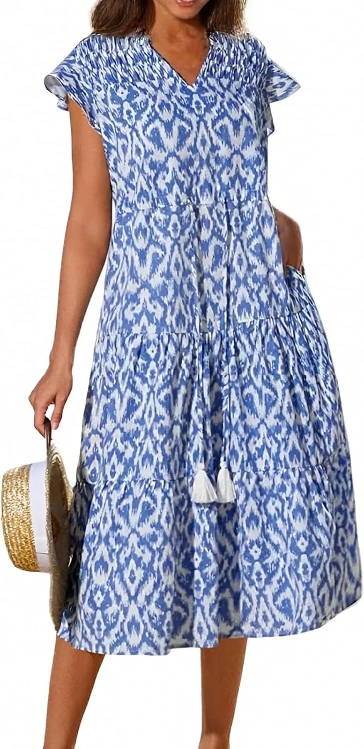 Womens Summer Dress Short Sleeve V-Neck Ruffle Tiered Midi Dresses Floral Printed Vacation Sundress with Fringe Belt