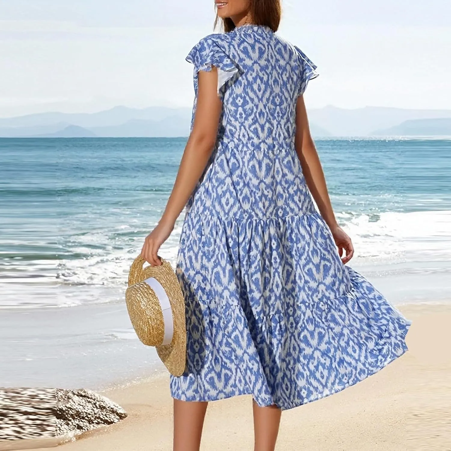 Womens Summer Dress Short Sleeve V-Neck Ruffle Tiered Midi Dresses Floral Printed Vacation Sundress with Fringe Belt