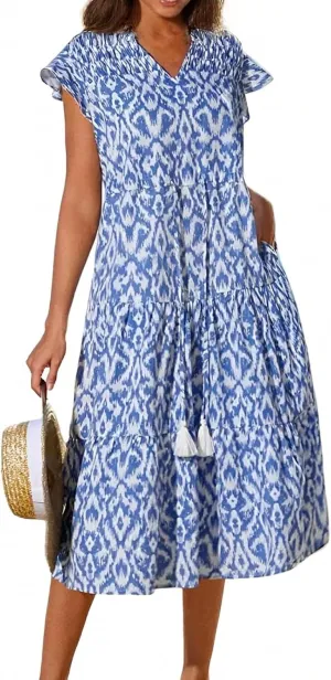 Womens Summer Dress Short Sleeve V-Neck Ruffle Tiered Midi Dresses Floral Printed Vacation Sundress with Fringe Belt