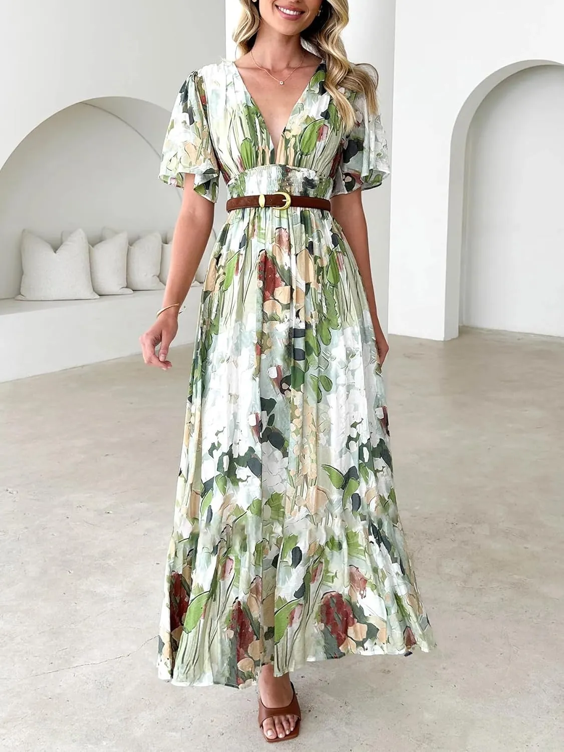 Womens V Neck Flutter Sleeve Boho Midi Dress Summer Wedding Guest Beach Party Long Dresses