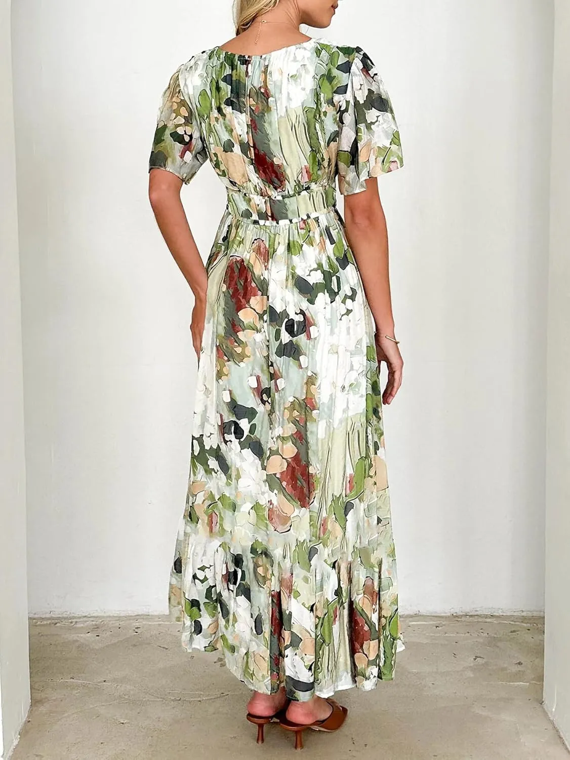 Womens V Neck Flutter Sleeve Boho Midi Dress Summer Wedding Guest Beach Party Long Dresses