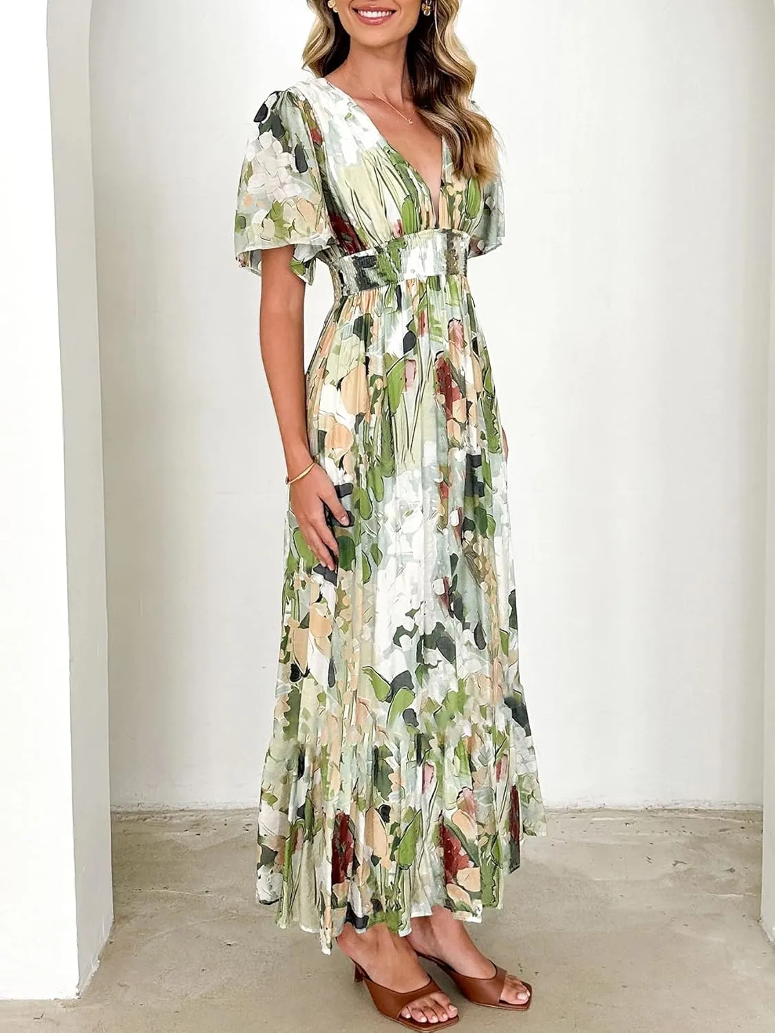 Womens V Neck Flutter Sleeve Boho Midi Dress Summer Wedding Guest Beach Party Long Dresses