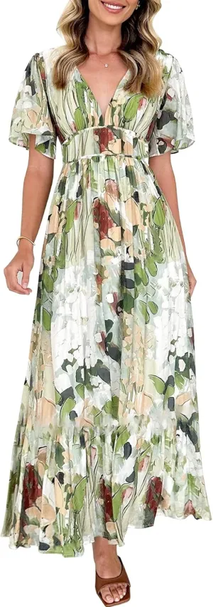 Womens V Neck Flutter Sleeve Boho Midi Dress Summer Wedding Guest Beach Party Long Dresses
