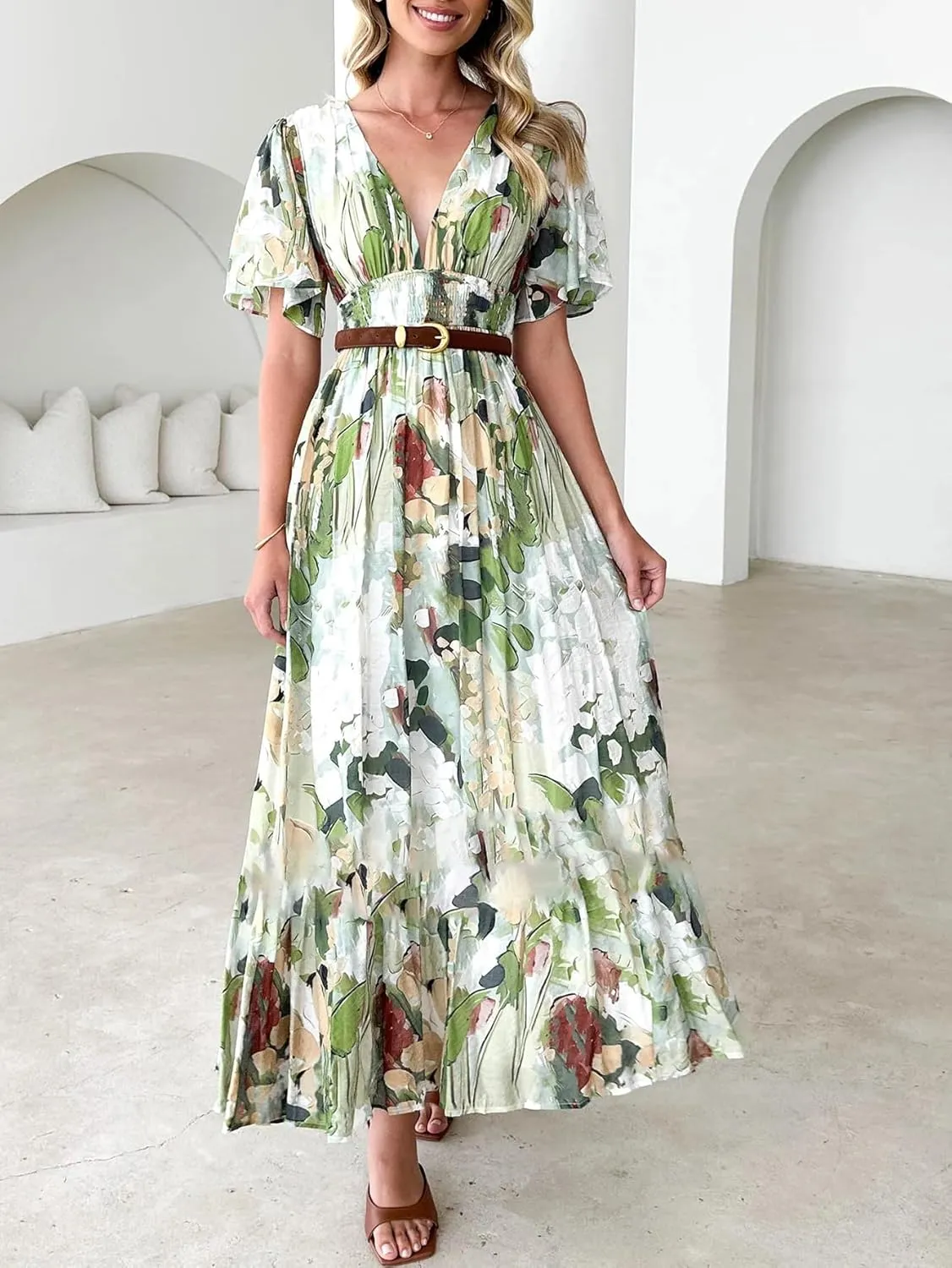 Womens V Neck Flutter Sleeve Boho Midi Dress Summer Wedding Guest Beach Party Long Dresses