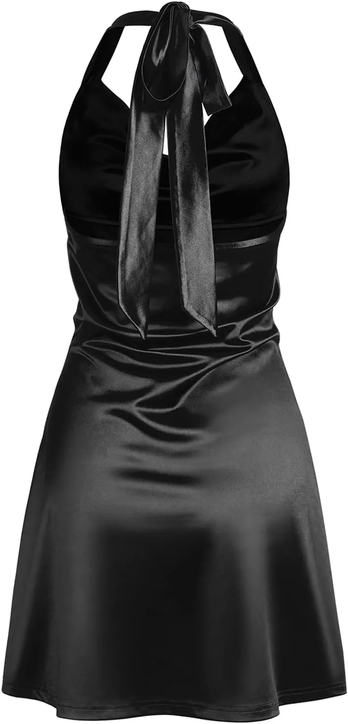 ZAFUL Women Halterneck Satin Mini Dress Sexy Cowl Neck Silky Party Cocktail Club Dress