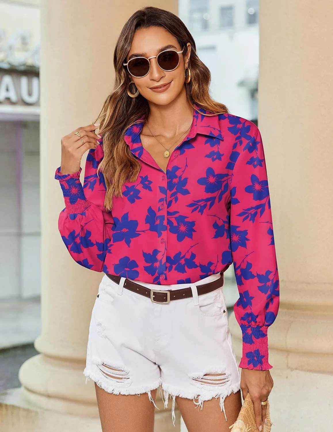 Zeagoo Womens Button Down Shirts Loose Fit Striped Printed Lantern Long Sleeve Blouses Smocked Cuff Business Work Fall Tops