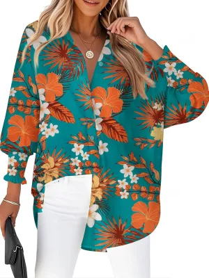Zeagoo Womens Button Down Shirts Loose Fit Striped Printed Lantern Long Sleeve Blouses Smocked Cuff Business Work Fall Tops