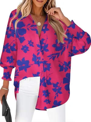Zeagoo Womens Button Down Shirts Loose Fit Striped Printed Lantern Long Sleeve Blouses Smocked Cuff Business Work Fall Tops