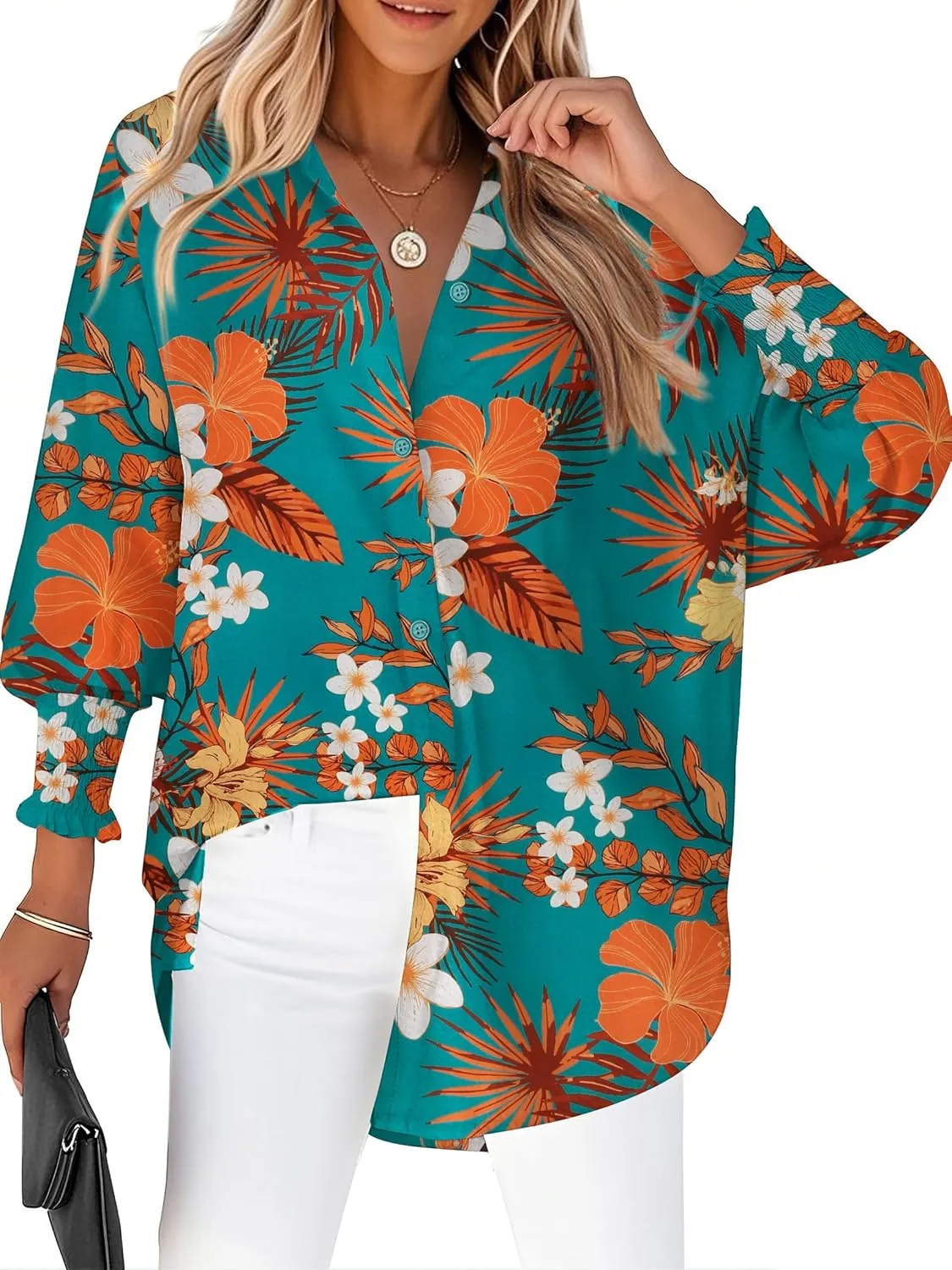 Zeagoo Womens Button Down Shirts Loose Fit Striped Printed Lantern Long Sleeve Blouses Smocked Cuff Business Work Fall Tops
