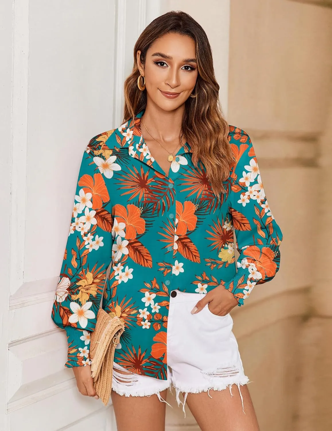 Zeagoo Womens Button Down Shirts Loose Fit Striped Printed Lantern Long Sleeve Blouses Smocked Cuff Business Work Fall Tops