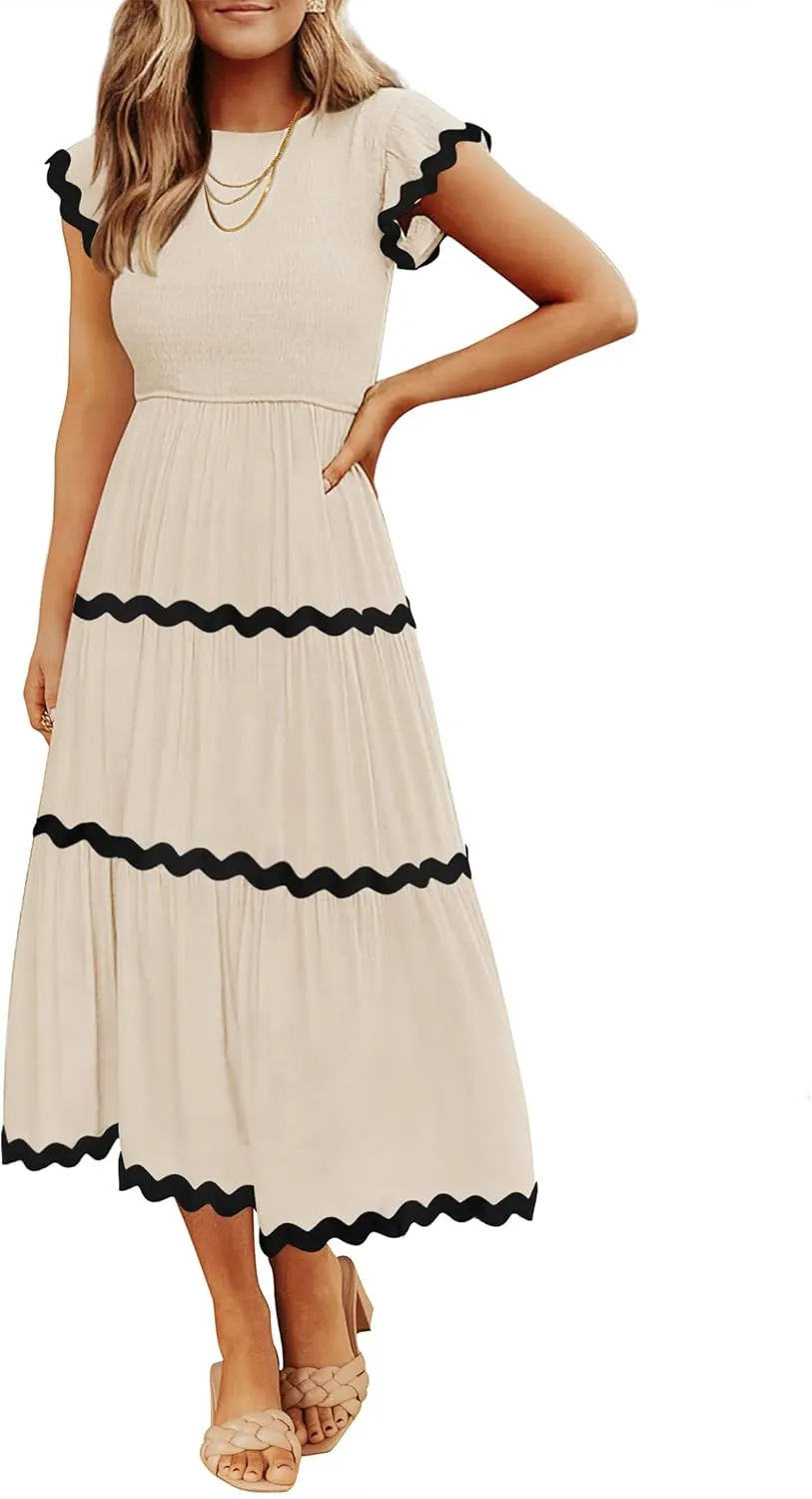 ZESICA Women's Summer Flutter Short Sleeve Smocked Midi Dress Casual High Waist Rickrack Tiered Flowy Dresses
