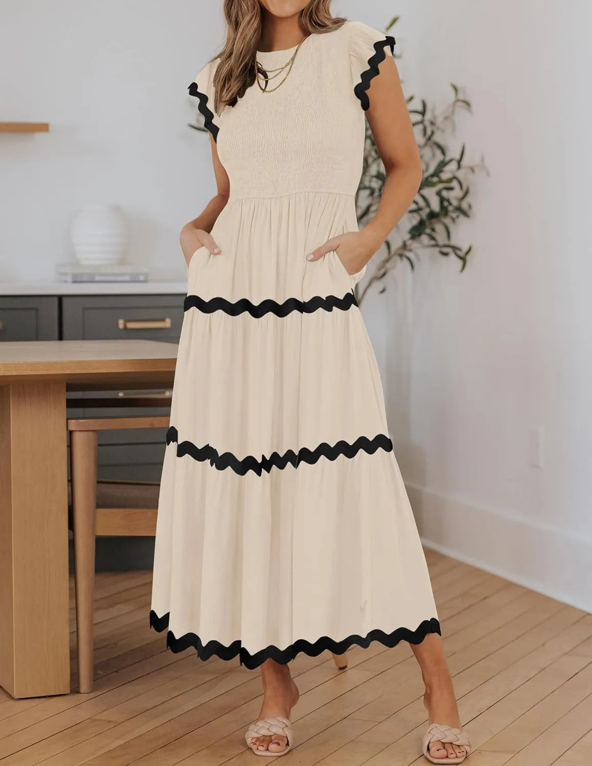 ZESICA Women's Summer Flutter Short Sleeve Smocked Midi Dress Casual High Waist Rickrack Tiered Flowy Dresses
