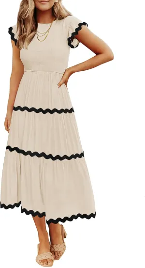 ZESICA Women's Summer Flutter Short Sleeve Smocked Midi Dress Casual High Waist Rickrack Tiered Flowy Dresses
