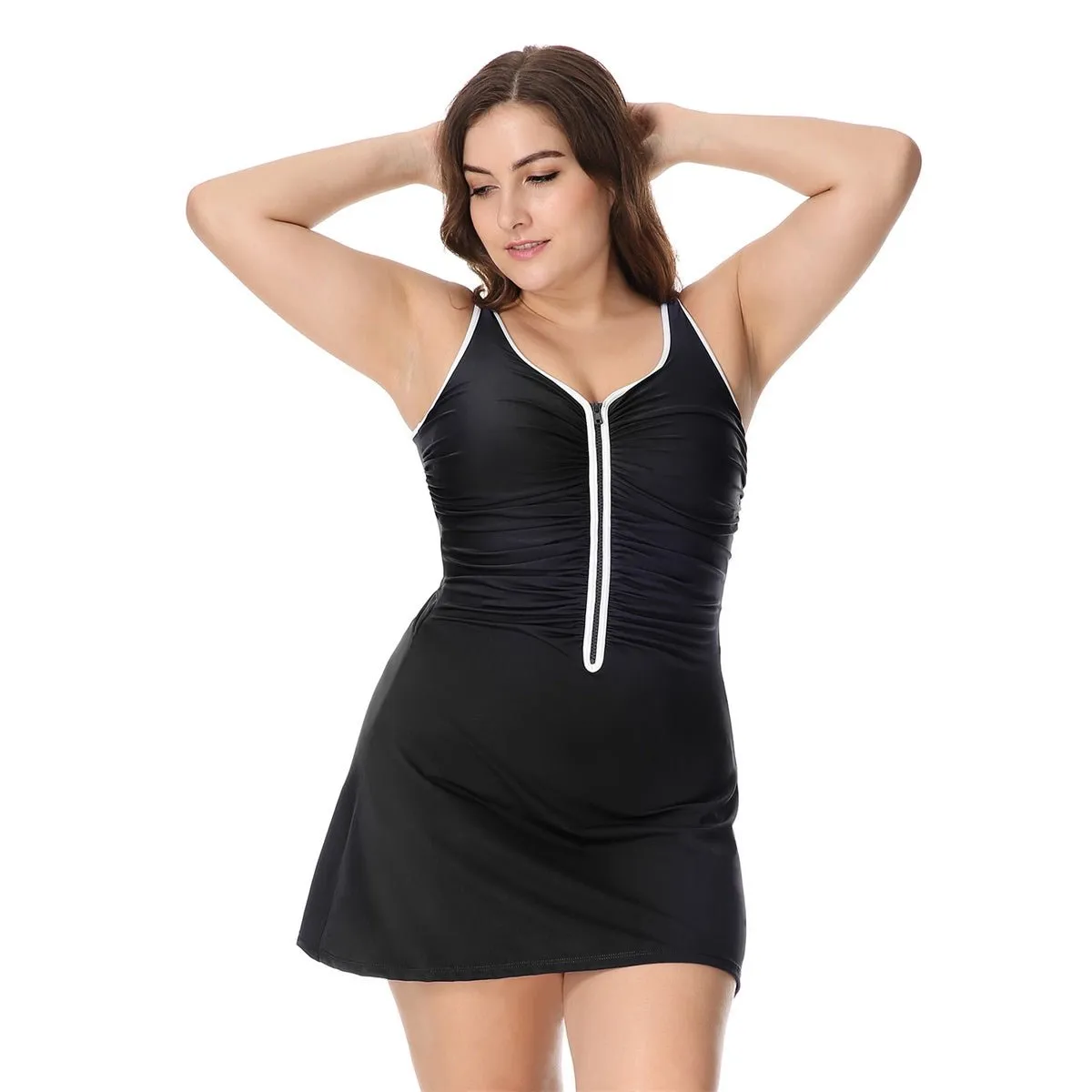 Zip Front Skirted Plus Size Black One Piece Swimsuit